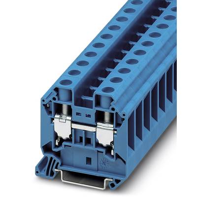 Un module terminal électrique bleu, adapté au montage sur rail, présente deux connexions métalliques pour le raccordement de câbles.