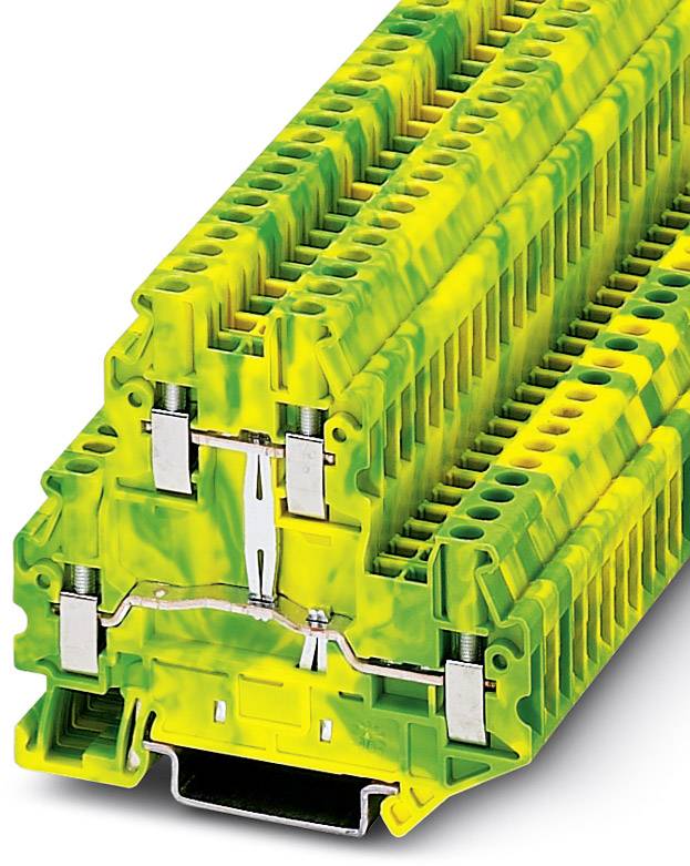 Bloc de bornes à connexion en série jaune-vert avec plusieurs connexions, utilisé pour les connexions électriques dans les installations de tableaux électriques.