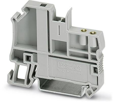 Un bloc de bornes modulaire gris de Phoenix Contact, type UT 4-TWIN/1P-F, pour fixation sur rail DIN dans les installations électriques.