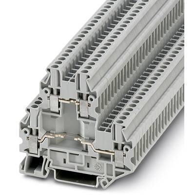 Barrette de connexion à double étage avec plusieurs emplacements gris. Elle sert à assurer la connexion des câbles dans les tableaux électriques.