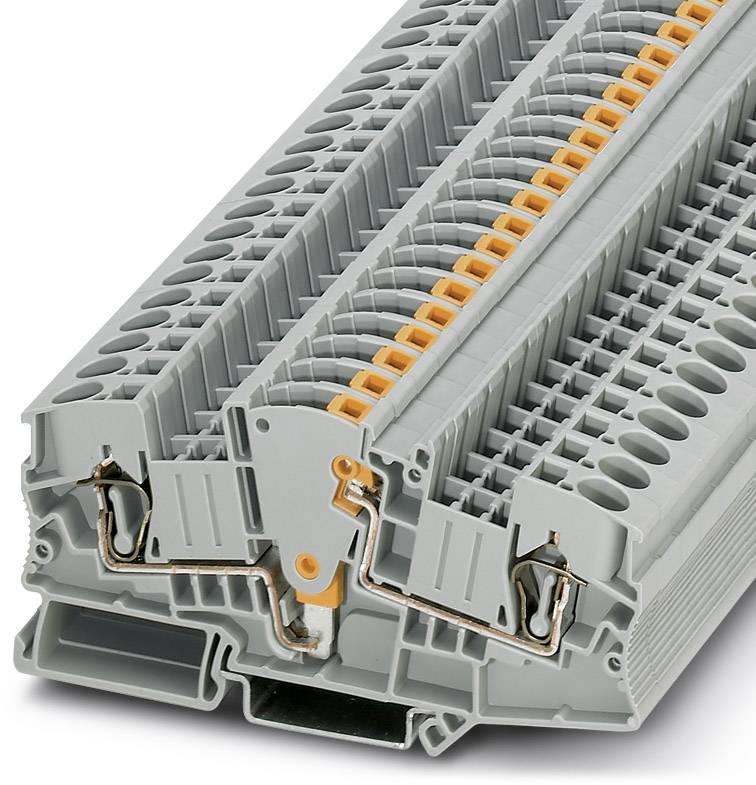 Module de bornes électrique multicouche gris avec des composants orange, utilisé pour connecter des fils dans les armoires électriques.