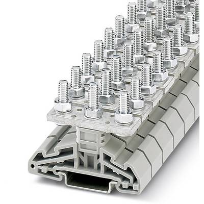 Barrette de bornes métallique avec plusieurs connexions à vis, fixée sur un support gris. Utilisée dans l'installation électrique.
