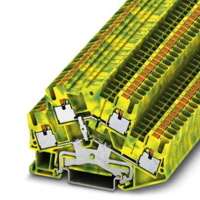 Un bloc de distribution électrique complexe, jaune-vert, doté de plusieurs points de connexion et de couches, adapté au câblage industriel.