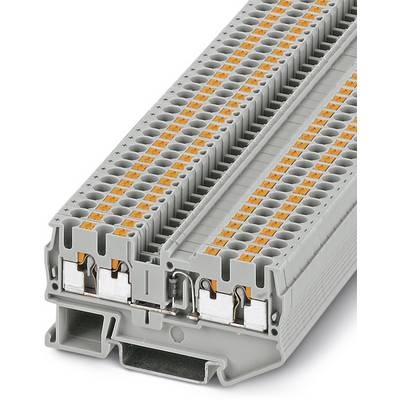 Un bloc de bornes à plusieurs niveaux de couleur grise avec des fils orange, adapté aux circuits électriques dans les tableaux de commande.