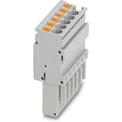 Module de Phoenix Contact avec six bornes de connexion et un élément de commande orange, adapté pour un montage sur rail DIN.