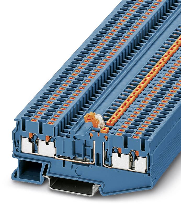 Barrette de bornes électrique avec plusieurs rangées de bornes de connexion en bleu et orange.