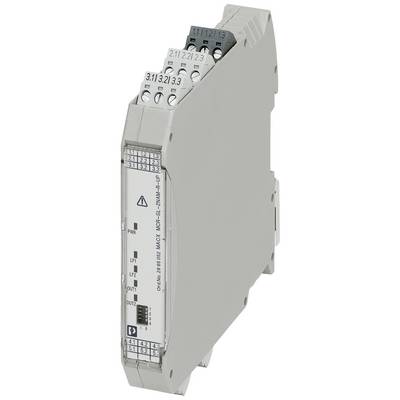 Un module de relais électrique gris avec plusieurs bornes de connexion en haut. Étiquettes et symboles sur le devant pour le contrôle.