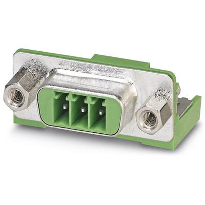 Un connecteur rectangulaire vert à trois broches dans un boîtier métallique, adapté aux applications industrielles.