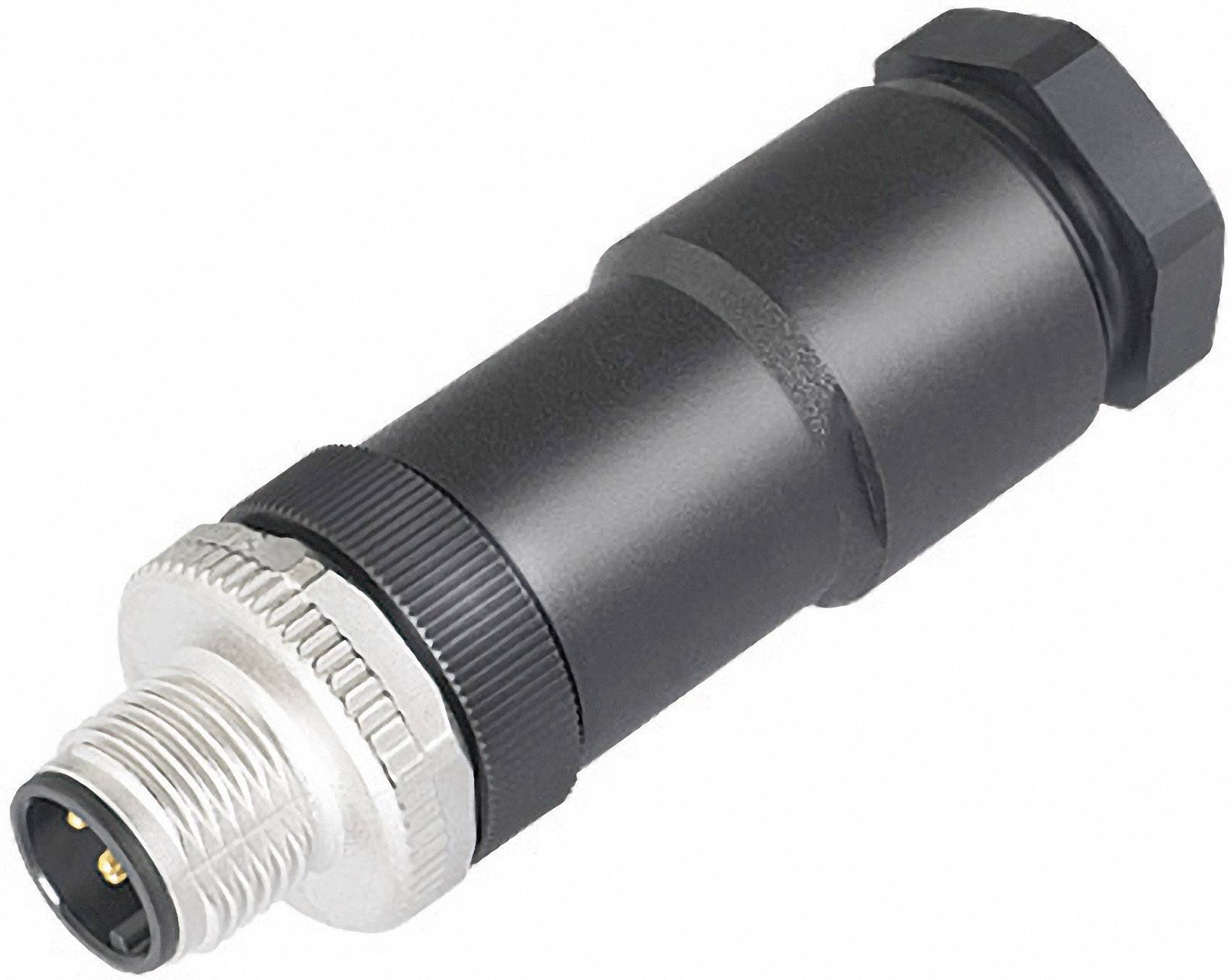 Connecteur cylindrique noir avec filetage métallique et trois contacts de branchement. Adapté aux applications industrielles.