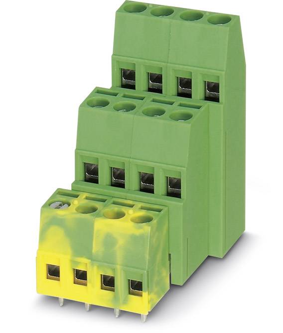Connecteur vert et jaune avec cinq bornes de raccordement, empilable et montable sur rail DIN. Idéal pour les applications industrielles.