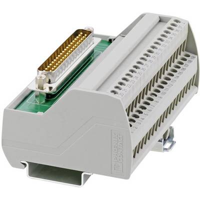 Un module de connexion électrique gris avec des emplacements numérotés et une fiche 25 broches, montable sur rail.