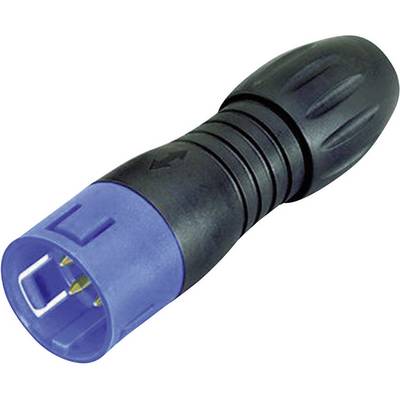 'Un connecteur électrique bleu et noir avec une flèche indiquant la direction.'