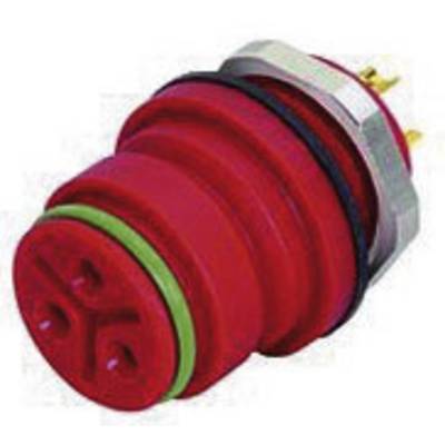 Un connecteur rond rouge avec un anneau vert et noir, un raccordement métallique et des broches de connexion jaunes.