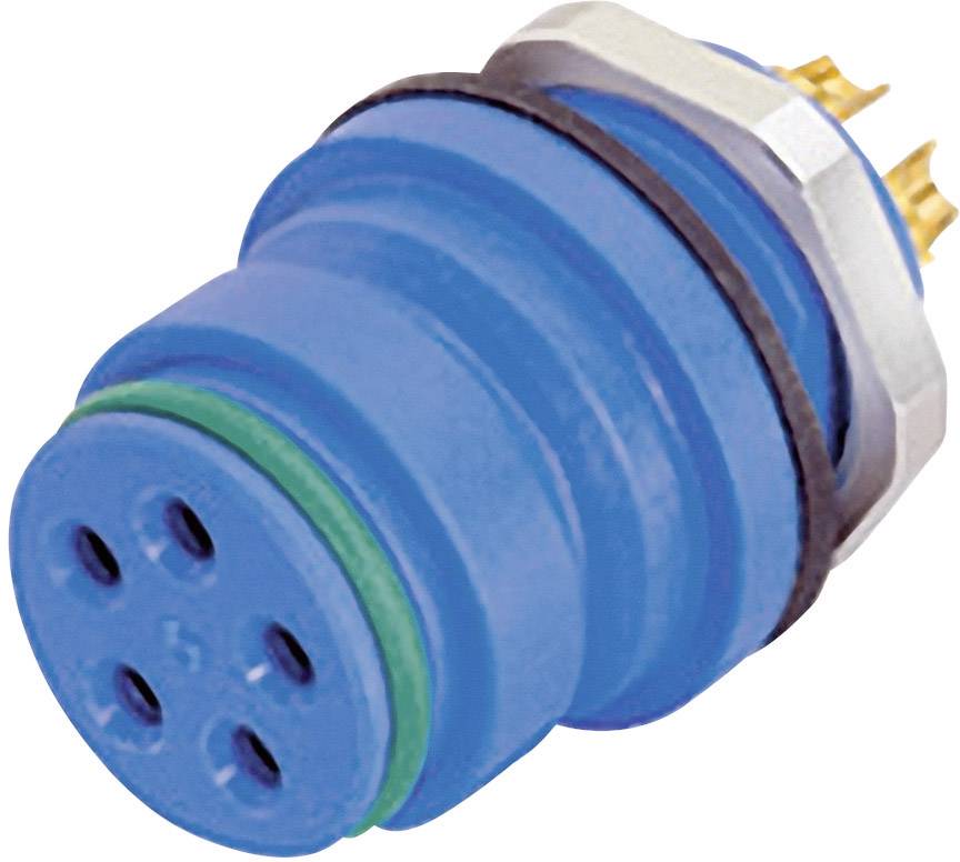 Prise électrique bleue à quatre trous ronds et broches dorées, utilisée pour les connexions industrielles.