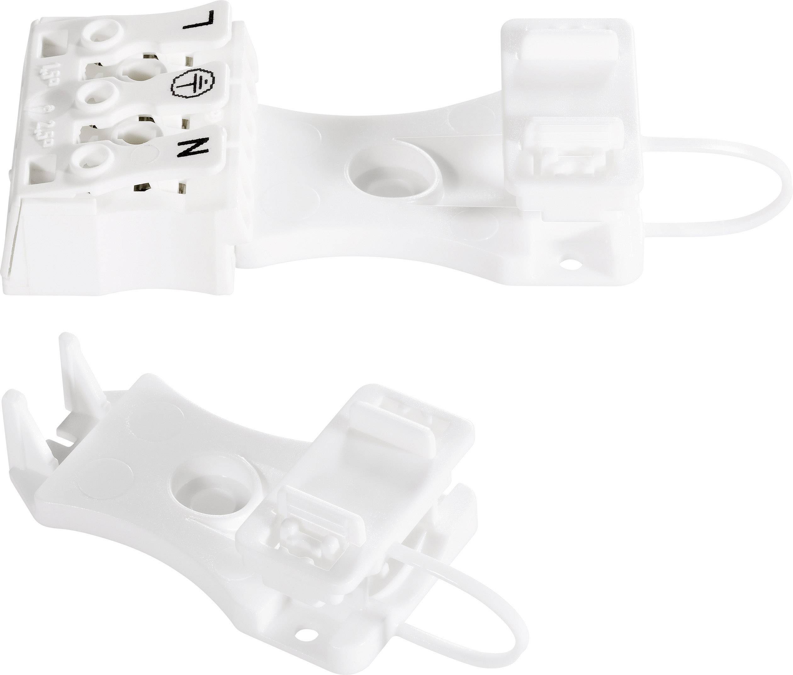 Deux pièces de boîtier en plastique blanc avec des contacts électriques et des mécanismes de fixation, adaptées à la fixation et à la connexion de câbles électriques.