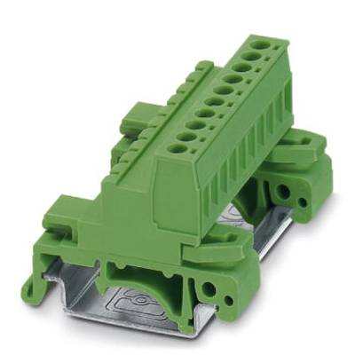 Borne électrique verte sur support métallique, utilisée pour la fixation de câbles dans des circuits électriques, visible avec plusieurs connexions.