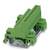 Borne électrique verte sur support métallique, utilisée pour la fixation de câbles dans des circuits électriques, visible avec plusieurs connexions.