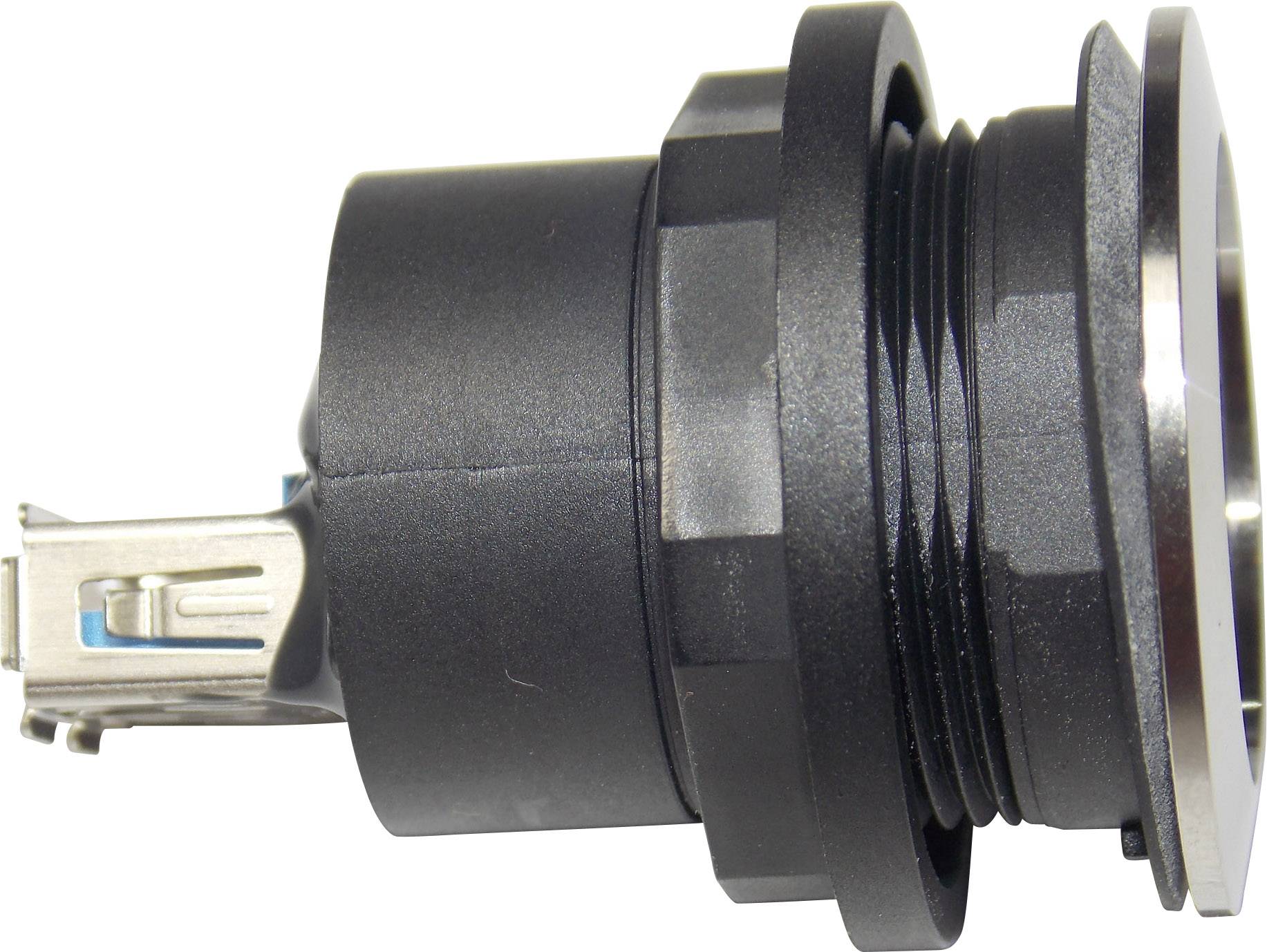 Un connecteur noir avec une broche métallique, vu de côté, montre le mécanisme de connexion et l'extérieur du connecteur.