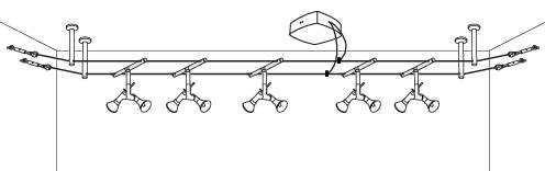 Dessin d'un système de rails avec plusieurs projecteurs de plafond ajustables dans une pièce. Un dispositif rectangulaire est monté en haut.