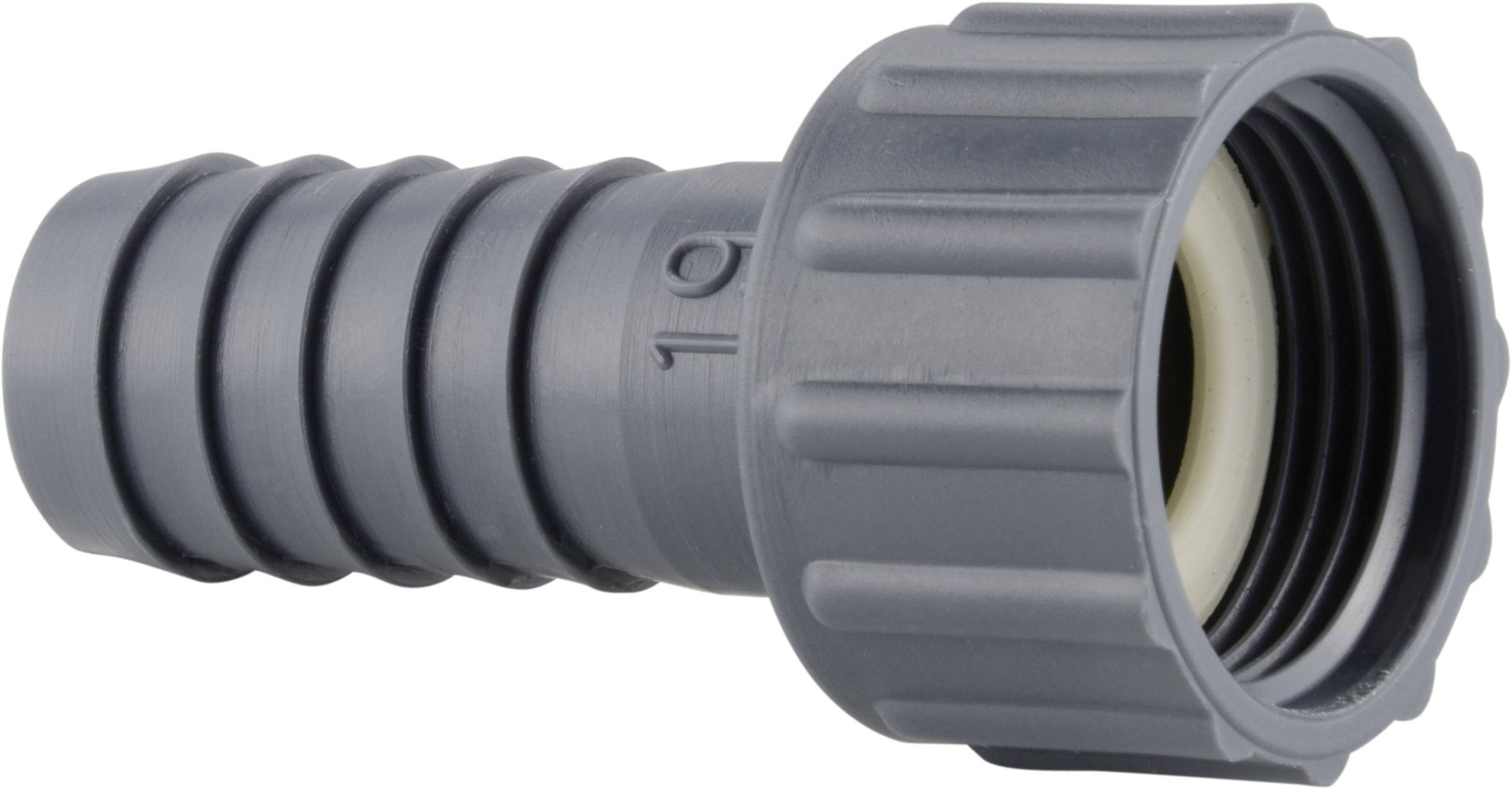 Pièce de raccordement de tuyau en plastique gris avec extrémité cannelée à gauche et raccord fileté rond à droite, sur fond blanc.