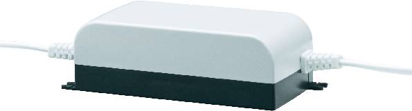 Un routeur turquoise lumineux avec des câbles noirs connectés des deux côtés. L'arrière-plan est neutre et discret.