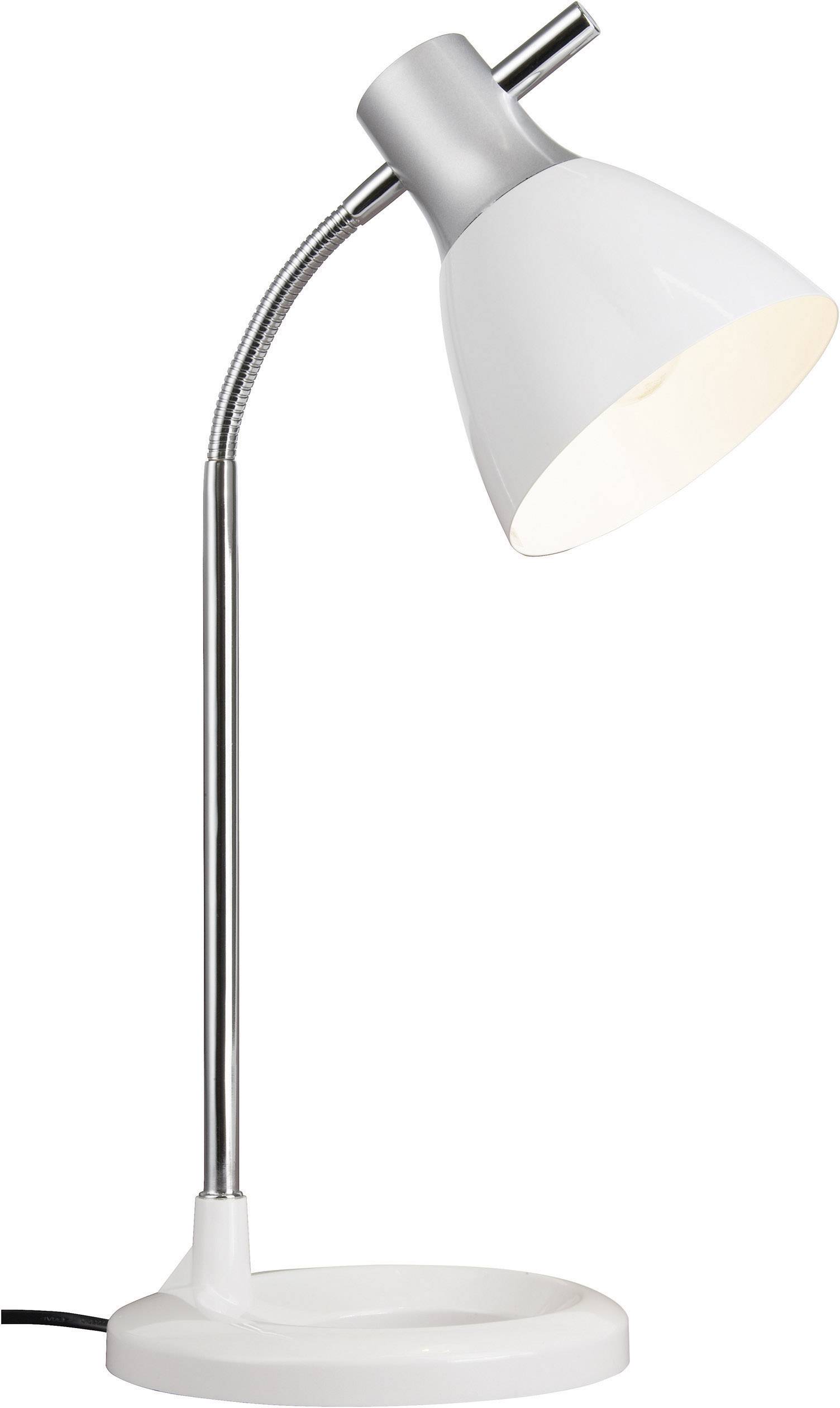 Lampe de table blanche avec col flexible et base métallique, éclairage dirigé vers le bas. Idéale pour la lecture ou le travail.