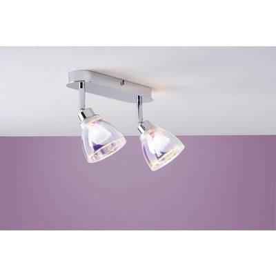 Deux spots de plafond modernes et orientables avec verre transparent sur un fond mural lilas. Idéaux pour un éclairage ciblé de l'espace de vie.