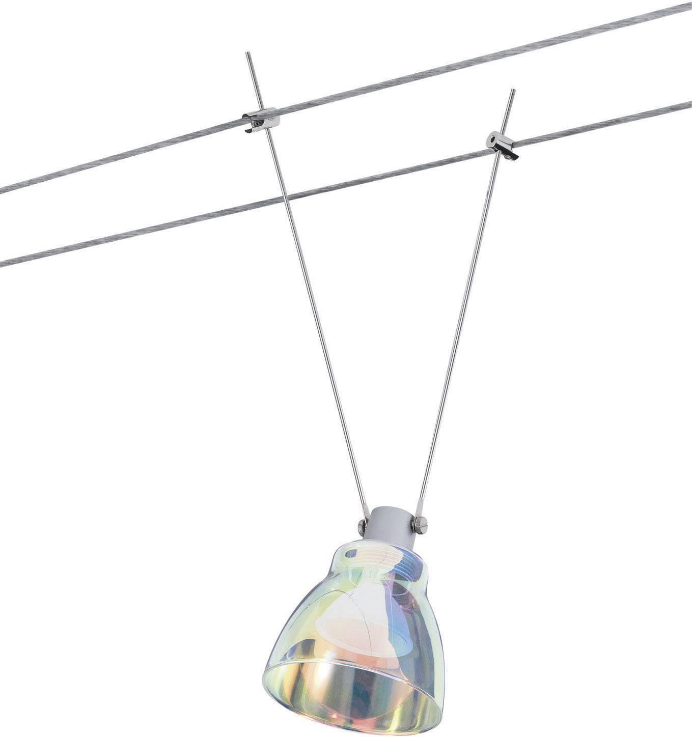 Suspension lumineuse à effet arc-en-ciel, suspendue par deux câbles, dans le style d'un luminaire contemporain à câbles tendus.