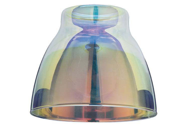Un bol en verre inversé, scintillant, avec un dégradé de couleurs allant du bleu au violet en passant par le jaune.