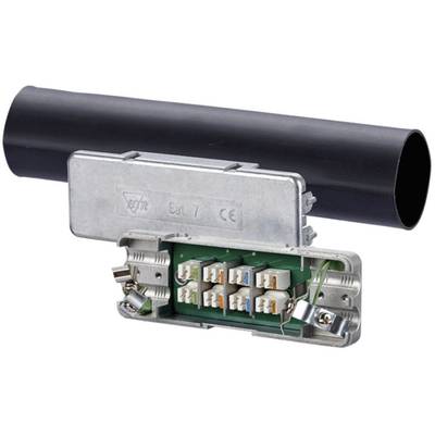 Connecteur réseau Cat.7 blindé avec capot ouvert. Connexions visibles et câbles marqués par couleur. Couvercle de câble noir en haut.
