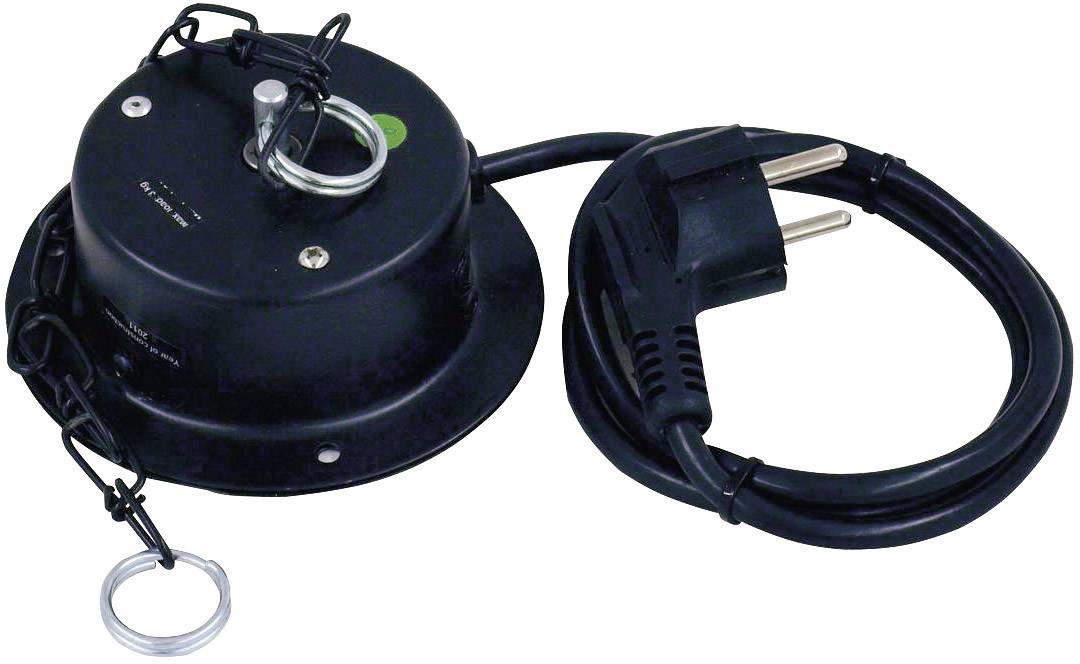 Un radiateur électrique noir avec une fiche Schuko et un crochet métallique pour la fixation, adapté à une utilisation en extérieur.