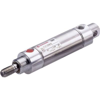 Un cylindre pneumatique cylindrique en métal avec un marquage rouge et des informations de produit sur sa surface.