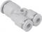 Un connecteur de tuyau double en plastique gris, utilisé pour relier deux tuyaux dans un système de canalisation.