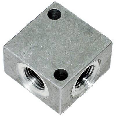 Un bloc de composant cubique en argent avec plusieurs trous filetés sur différents côtés.