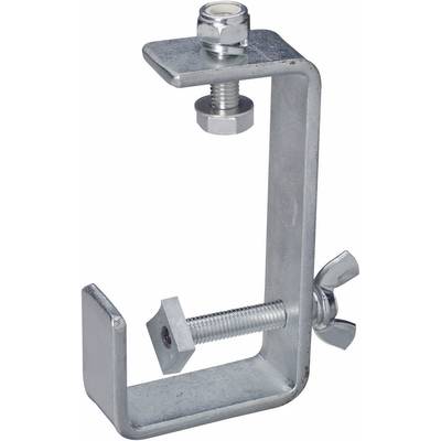 Un serre-joint métallique gris avec deux vis. Le serre-joint a une forme de C et est ouvert aux extrémités.
