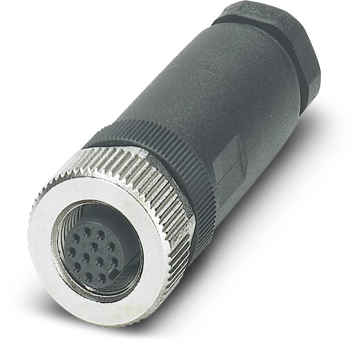 Connecteur cylindrique noir et argenté à broches multiples, utilisé pour les connexions électroniques.