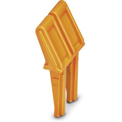 Un élément en plastique orange avec deux broches en forme de L en bas et une tête rectangulaire structurée en haut.