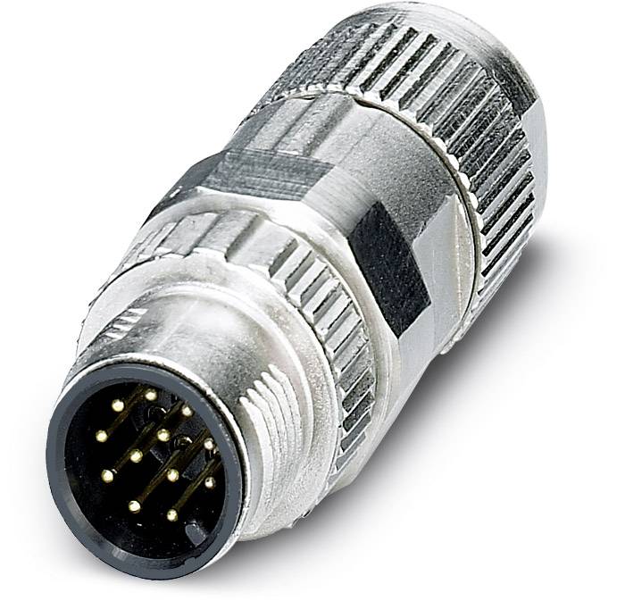 Une fiche cylindrique argentée avec plusieurs broches métalliques pouvant être utilisées pour des connexions électriques.