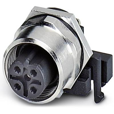 'Connecteur noir et argent, femelle M12, pour applications industrielles, avec support en plastique latéral, conforme à la norme de protection IP67.'