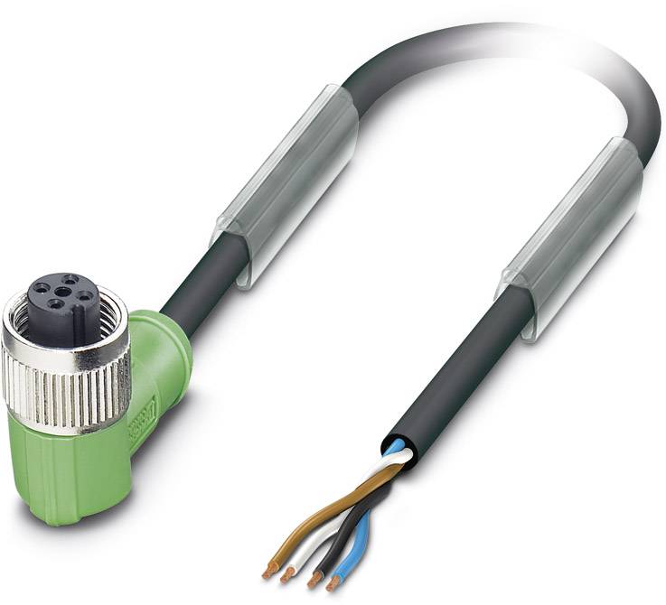 Connecteur multipolaire coudé de couleur noire et verte avec extrémité de câble ouverte, fils isolés en marron, bleu et noir.