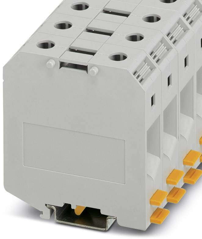 Composant électronique industriel gris-orange avec plusieurs connexions, empilable. Principalement utilisé pour les connexions électriques.