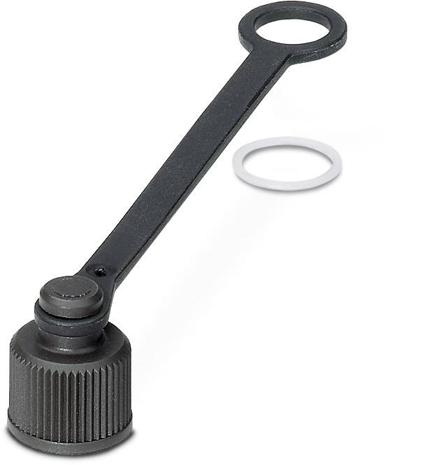 Un bouchon noir, allongé, avec un anneau et un mécanisme de rotation rainuré, à côté d'un joint d'étanchéité blanc.