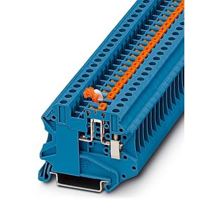 Bloc de bornes en rangée bleu avec des connexions orange, utilisé pour la distribution électrique dans les armoires électriques.