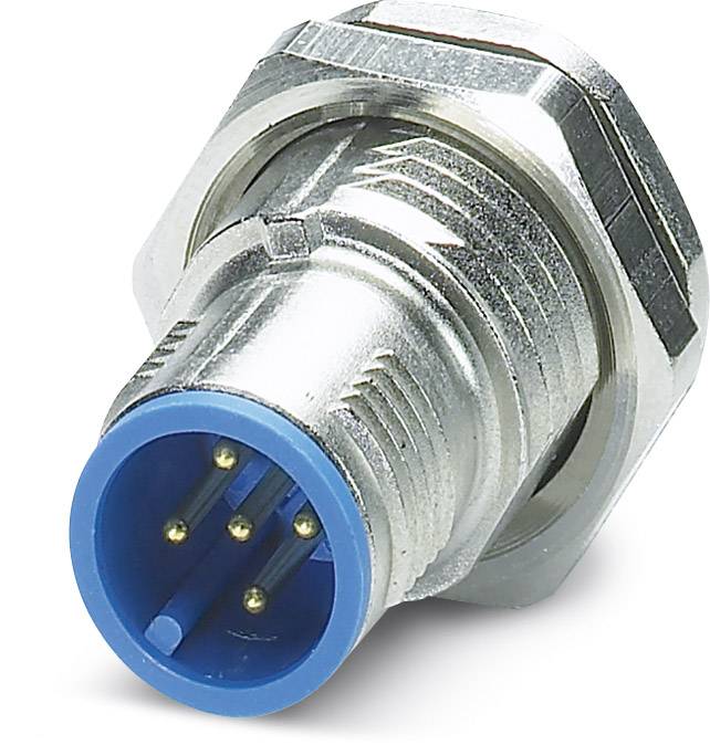 Un connecteur circulaire métallique avec une interface en plastique bleu et plusieurs broches dorées pour la connexion électrique.