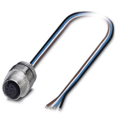 Un connecteur électrique métallique avec plusieurs fils de différentes couleurs dépassant.