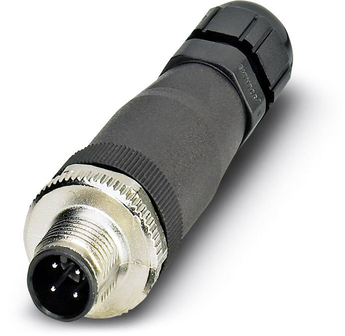 Un connecteur industriel noir à 4 pôles avec des filetages métalliques, utilisé pour les connexions dans des applications industrielles.