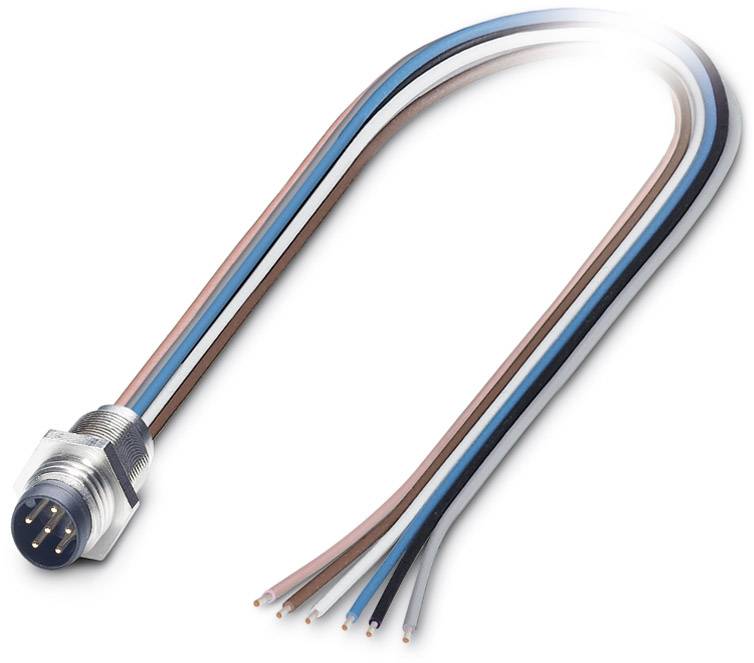 'Connecteur de câble multibrins avec six fils de couleurs : marron, blanc, bleu, noir, gris, marron clair. Adapté pour les connexions électroniques.'