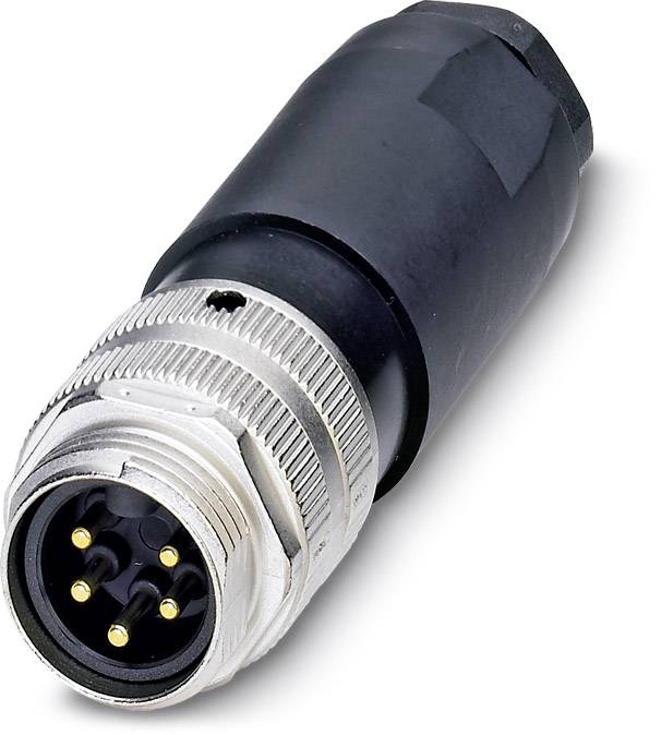 Un connecteur M12 noir, cylindrique, à 4 pôles avec un filetage métallique, typiquement utilisé pour des connexions industrielles.