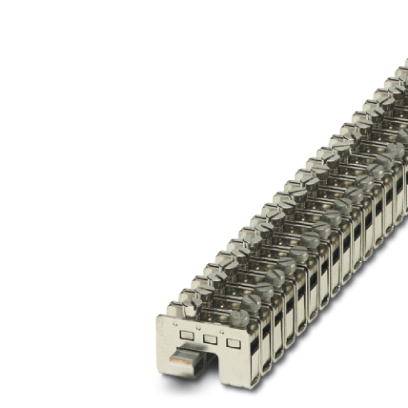 Un bloc de cosse de câble en métal argenté avec plusieurs rangées de connecteurs pour câblage électrique, sur un fond blanc.