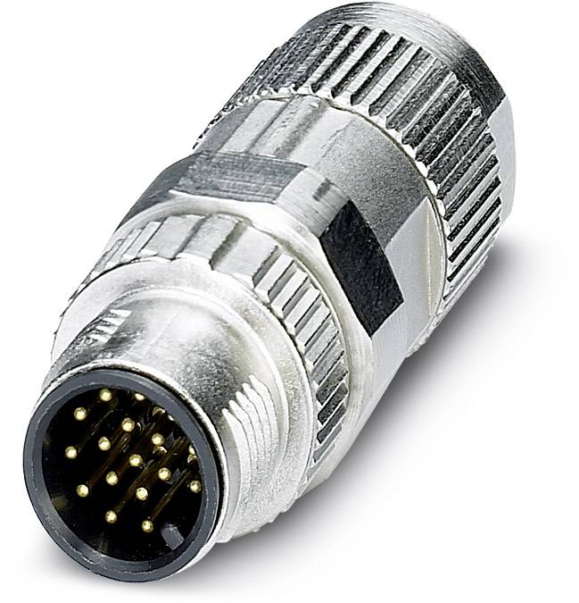 Une fiche argentée avec plusieurs broches dorées, typique des connexions industrielles, repose sur un fond blanc.